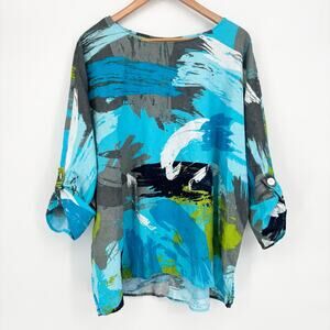 Ali Miles Linen Cotton Blend Artsy Boho Brush Strokes Blouse Size 2X